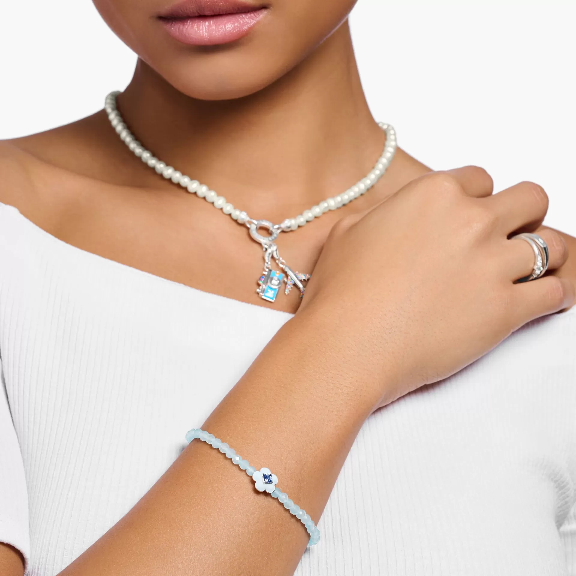 THOMAS SABO Armband | Återvunnet 925 silver<ARMBAND BLOMMA MED BL&ARING; JADE BEADS silverfargad, ljusblå, mörkblå