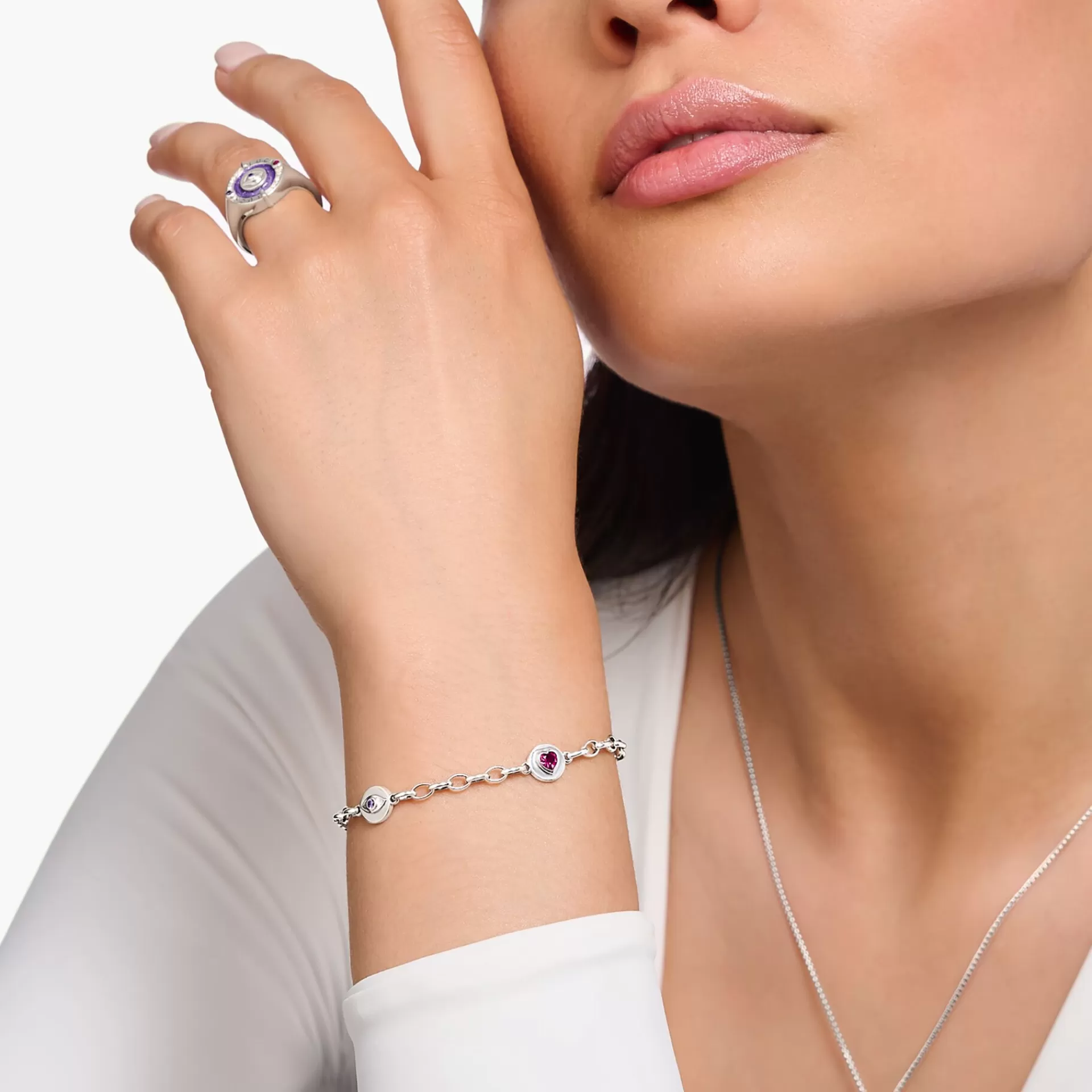 THOMAS SABO Armband | Återvunnet 925 silver<ARMBAND MED M&ARING;NE, &OUML;GA, HJ&AUML;RTA OCH SOL I SV&AUML;RTAT SILVER silverfargad, vit, rosa, violett, orange, röd