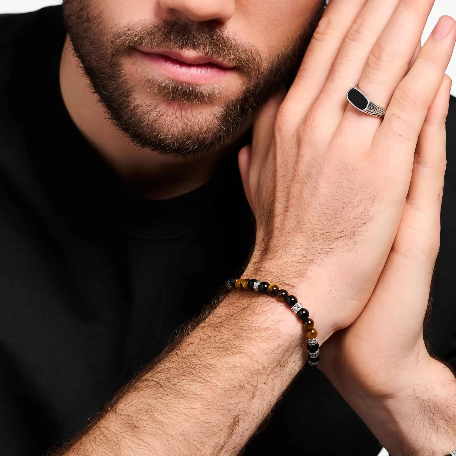 THOMAS SABO Armband | Återvunnet 925 silver<ARMBAND MED SVARTA ONYX BEADS OCH TIGER&OUML;GA BEADS SILVER silverfargad, brun, svart