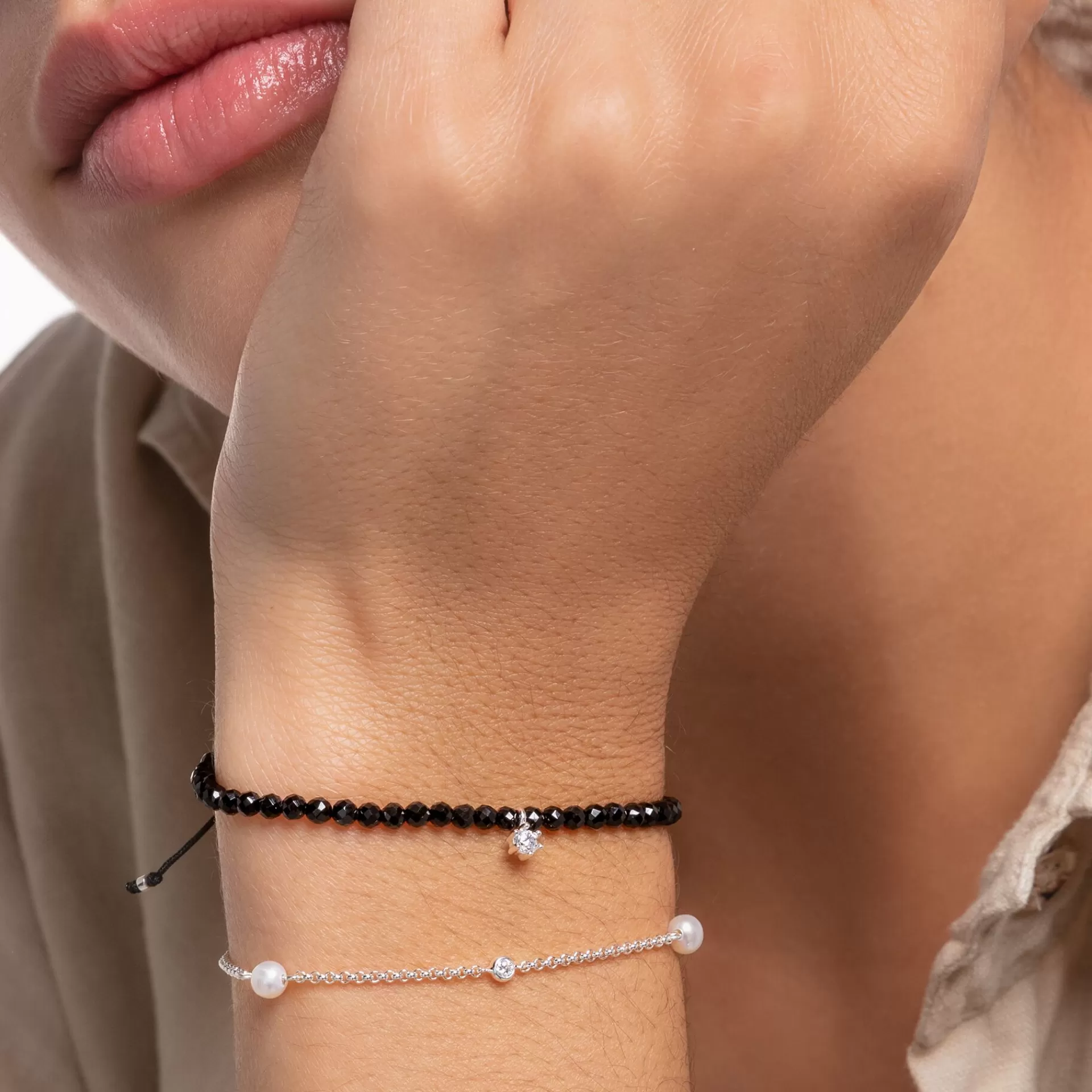 THOMAS SABO Armband | Återvunnet 925 silver<ARMBAND SVARTA P&AUML;RLOR MED VIT STEN svart, silverfargad, vit