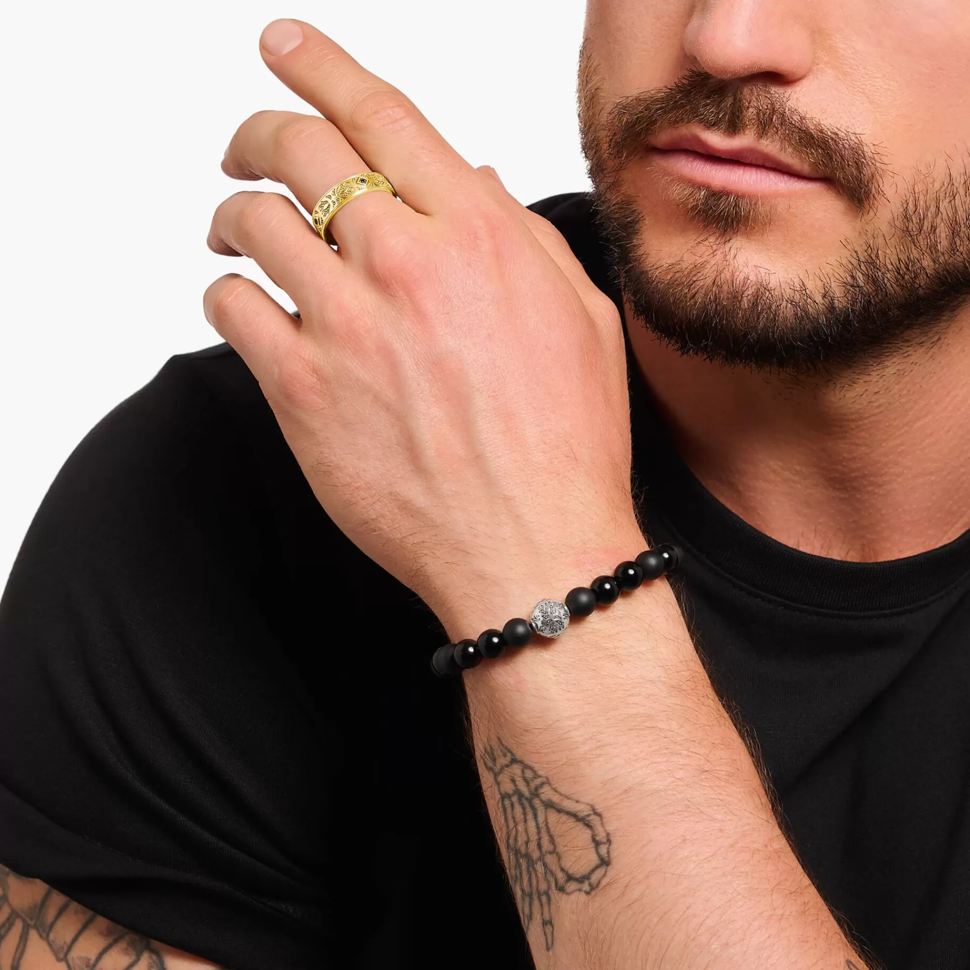 THOMAS SABO Ringar | Ringar<BANDRING MED SVARTA STENAR OCH M&OUML;NSTER, PL&AUML;TERAD gult guldfargad, svart