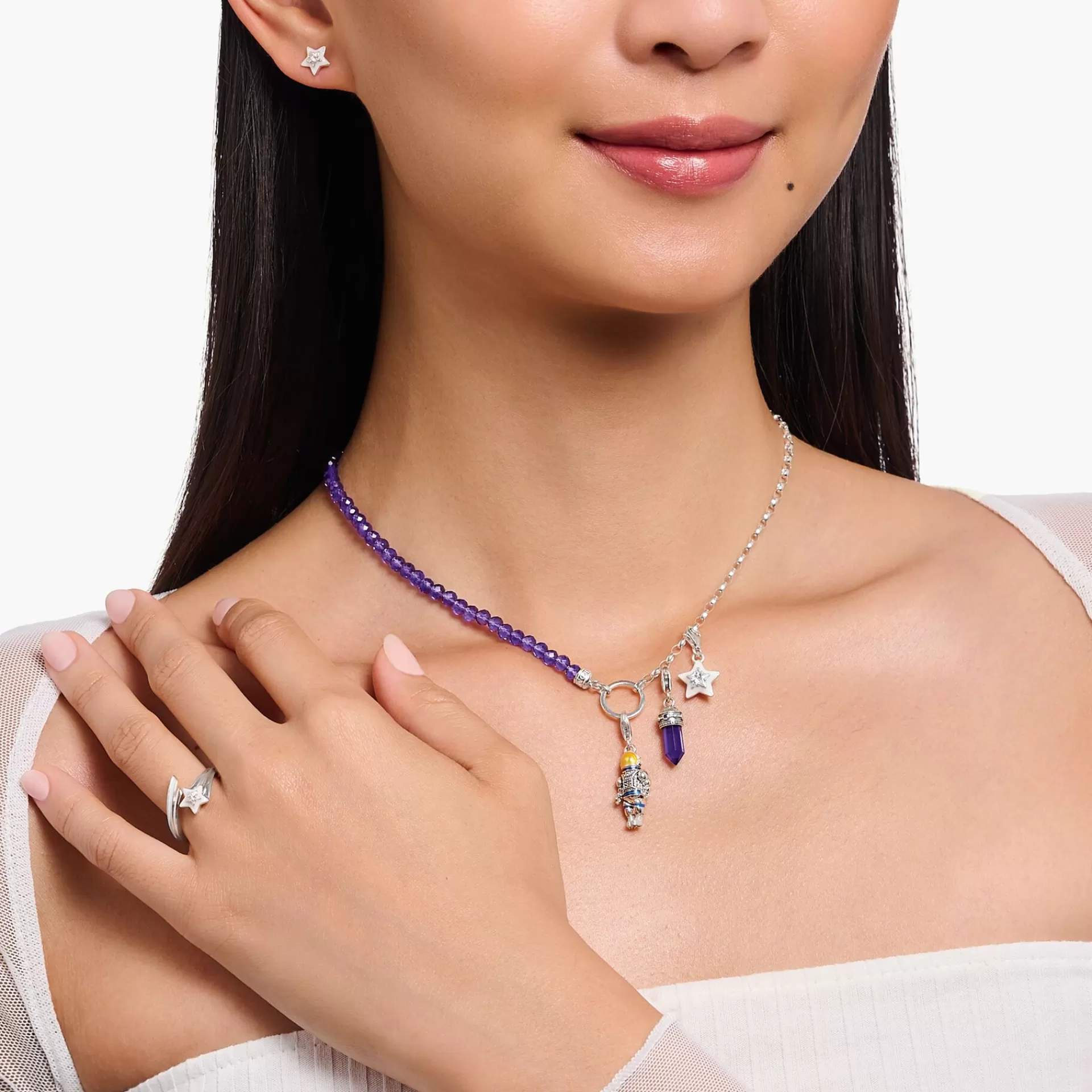THOMAS SABO Charms | Charms<CHARM-H&AUML;NGSMYCKE HEXAGON MED IMITERAD AMETIST SV&AUML;RTAT SILVER silverfargad, violett, röd, blå
