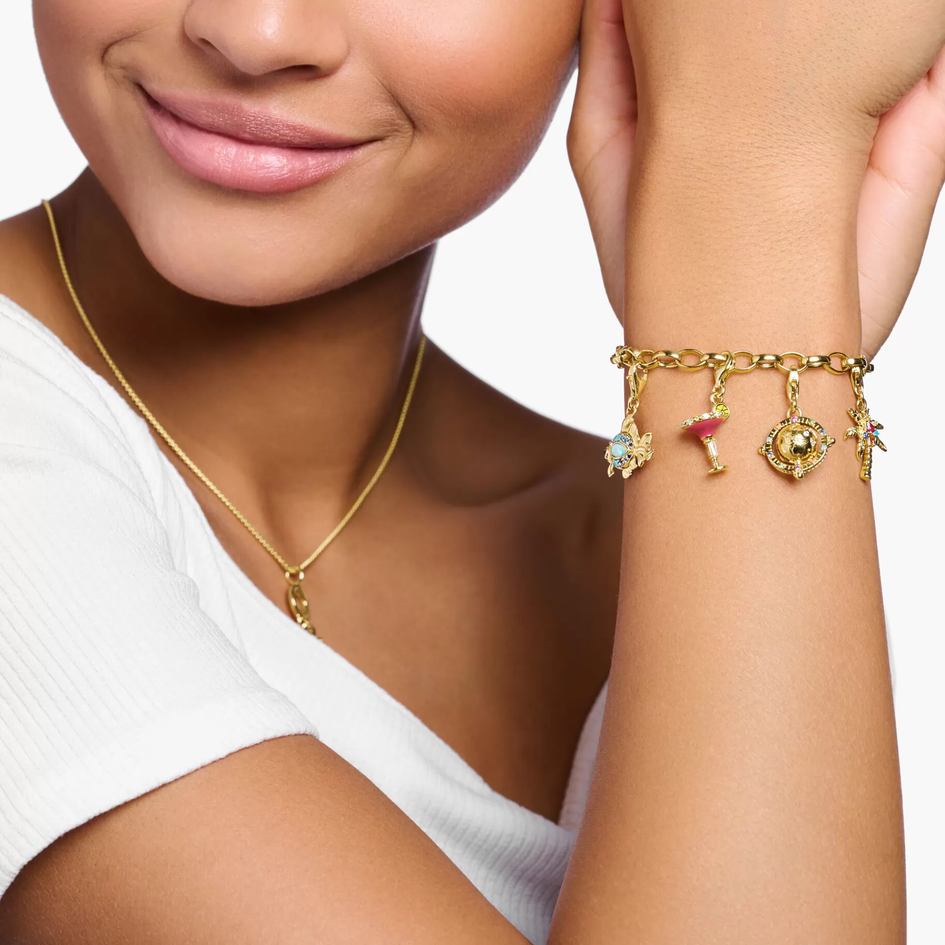 THOMAS SABO Charms | Charms<CHARM-H&AUML;NGSMYCKE R&OUML;D COCKTAILGLAS GULDPL&AUML;TERAD gul, gult guldfargad, rosa, vit