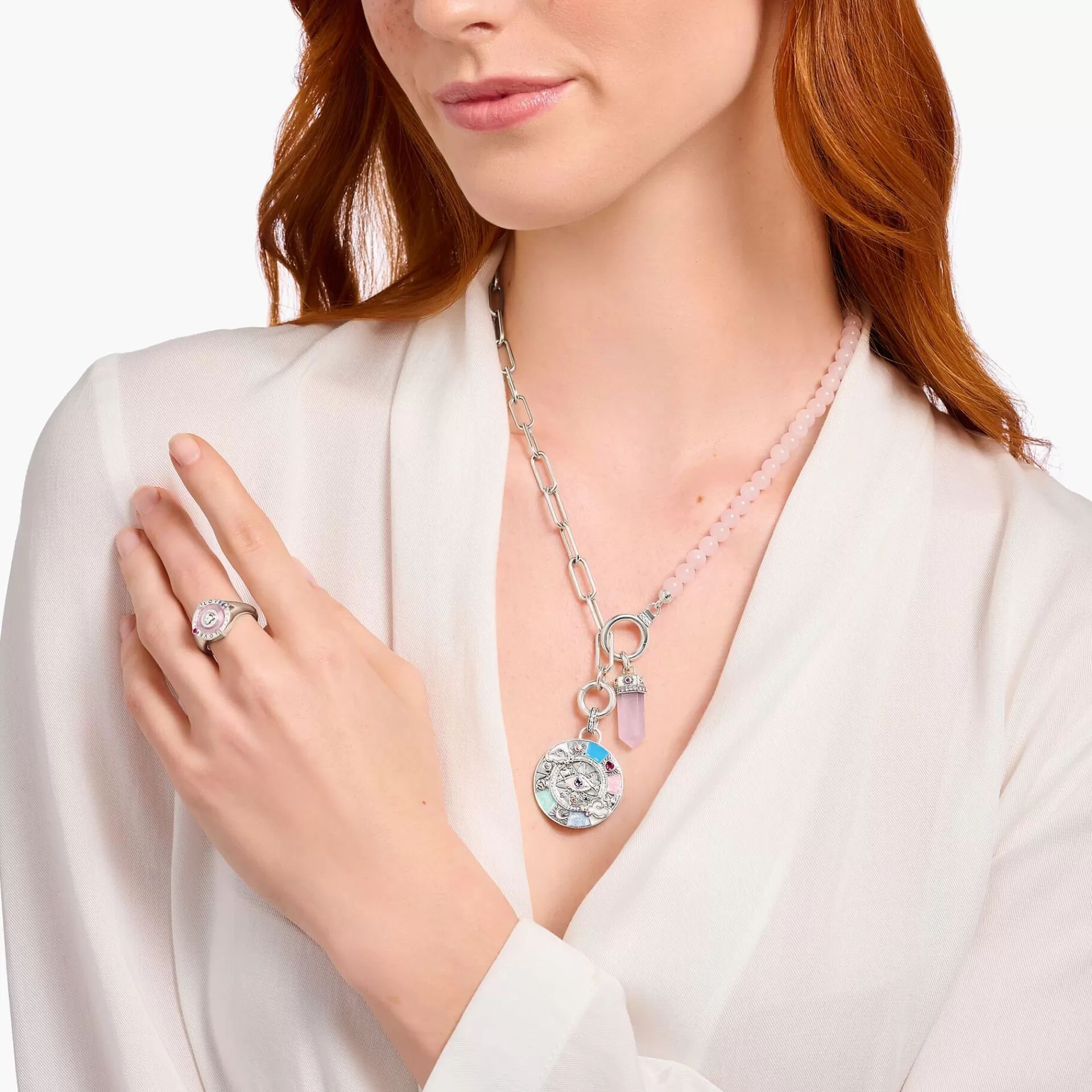 THOMAS SABO Halsband | Återvunnet 925 silver<COLLIER MED L&AUML;NKKEDJA OCH ROSA P&AUML;RLOR - SILVER silverfargad, vit, rosa
