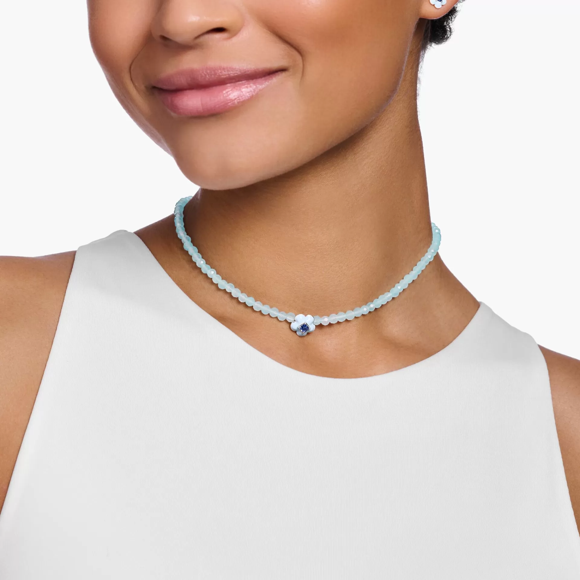 THOMAS SABO Halsband | Återvunnet 925 silver<GARGANTILLA BLOMMA MED BL&ARING; JADE BEADS silverfargad, ljusblå, mörkblå