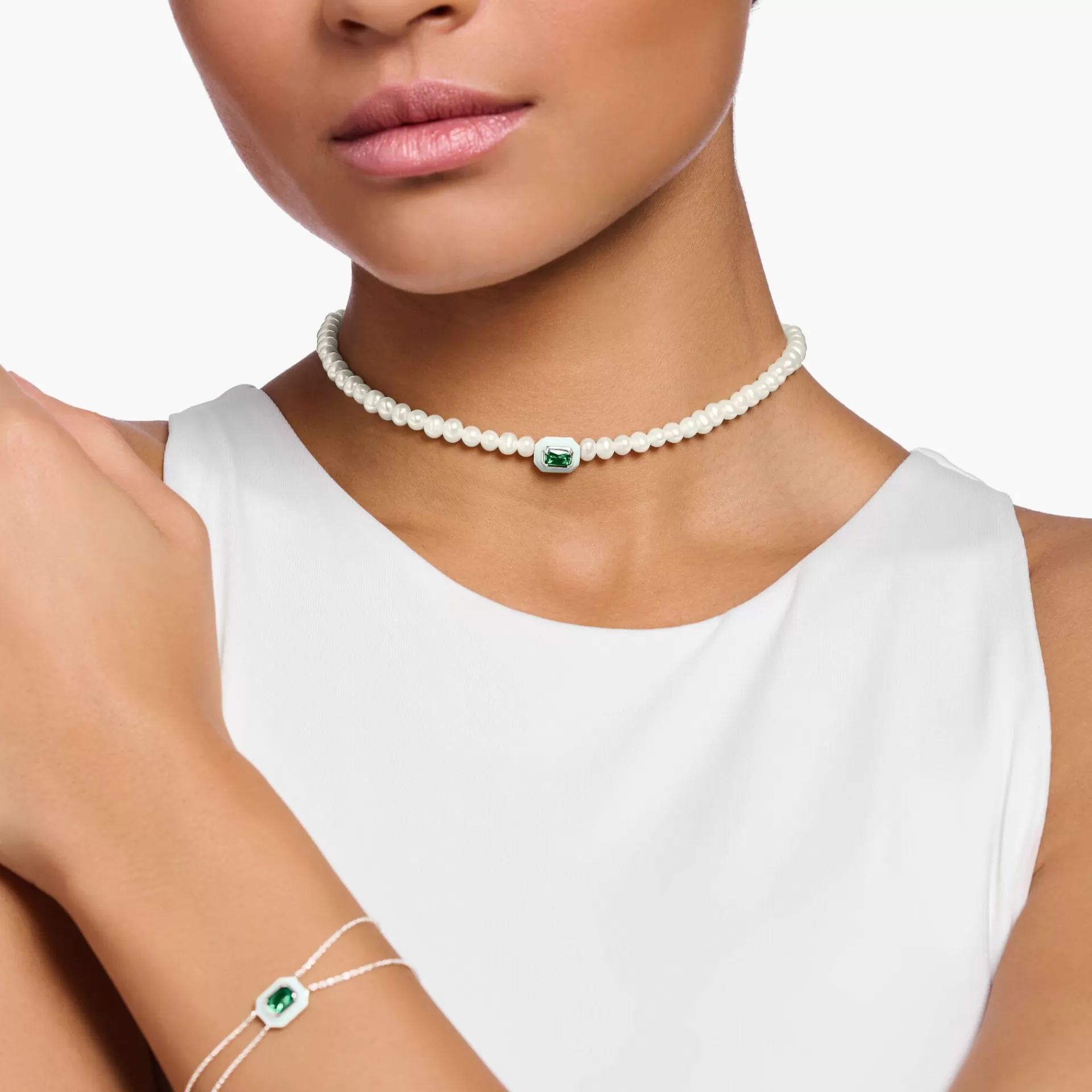 THOMAS SABO Halsband | Återvunnet 925 silver<GARGANTILLA MED VITA P&AUML;RLOR OCH GR&OUML;N STEN silverfargad, ljusgrön, vit, grön