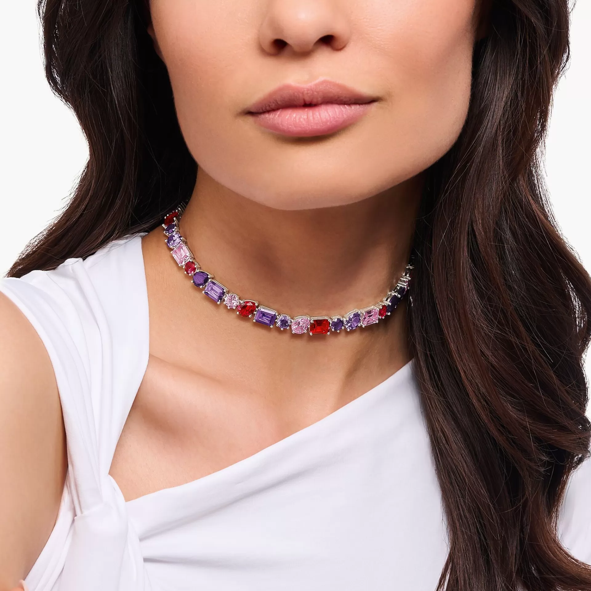 THOMAS SABO Halsband | Återvunnet 925 silver<GLAMOUR&OUML;S CHOKER I SILVER MED 43 STENAR silverfargad, vit, rosa, violett, röd