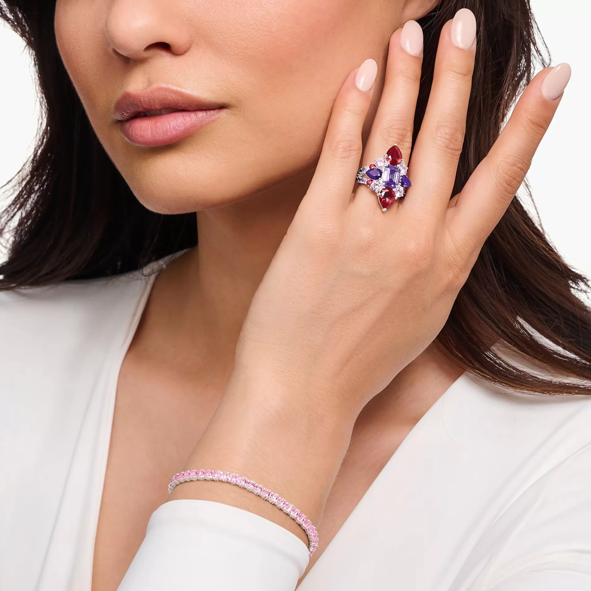 THOMAS SABO Ringar | Återvunnet 925 silver<GLAMOUR&OUML;S COCKTAILRING I SILVER MED F&AUML;RGADE STENAR silverfargad, rosa, violett, röd