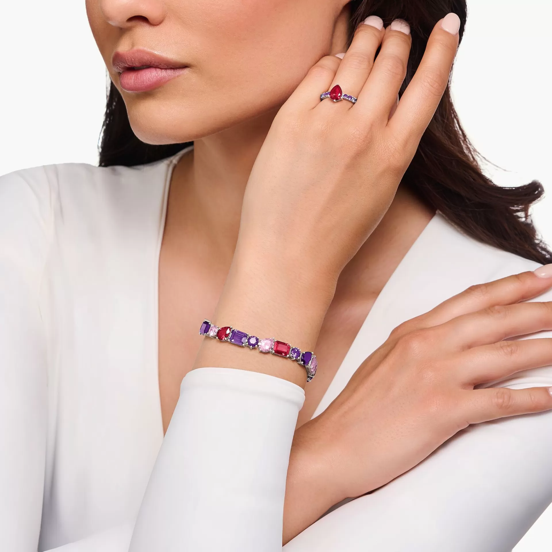 THOMAS SABO Armband | Återvunnet 925 silver<GLAMOUR&OUML;ST TENNISARMBAND I SILVER MED 20 F&AUML;RGADE STENAR silverfargad, vit, rosa, violett, röd