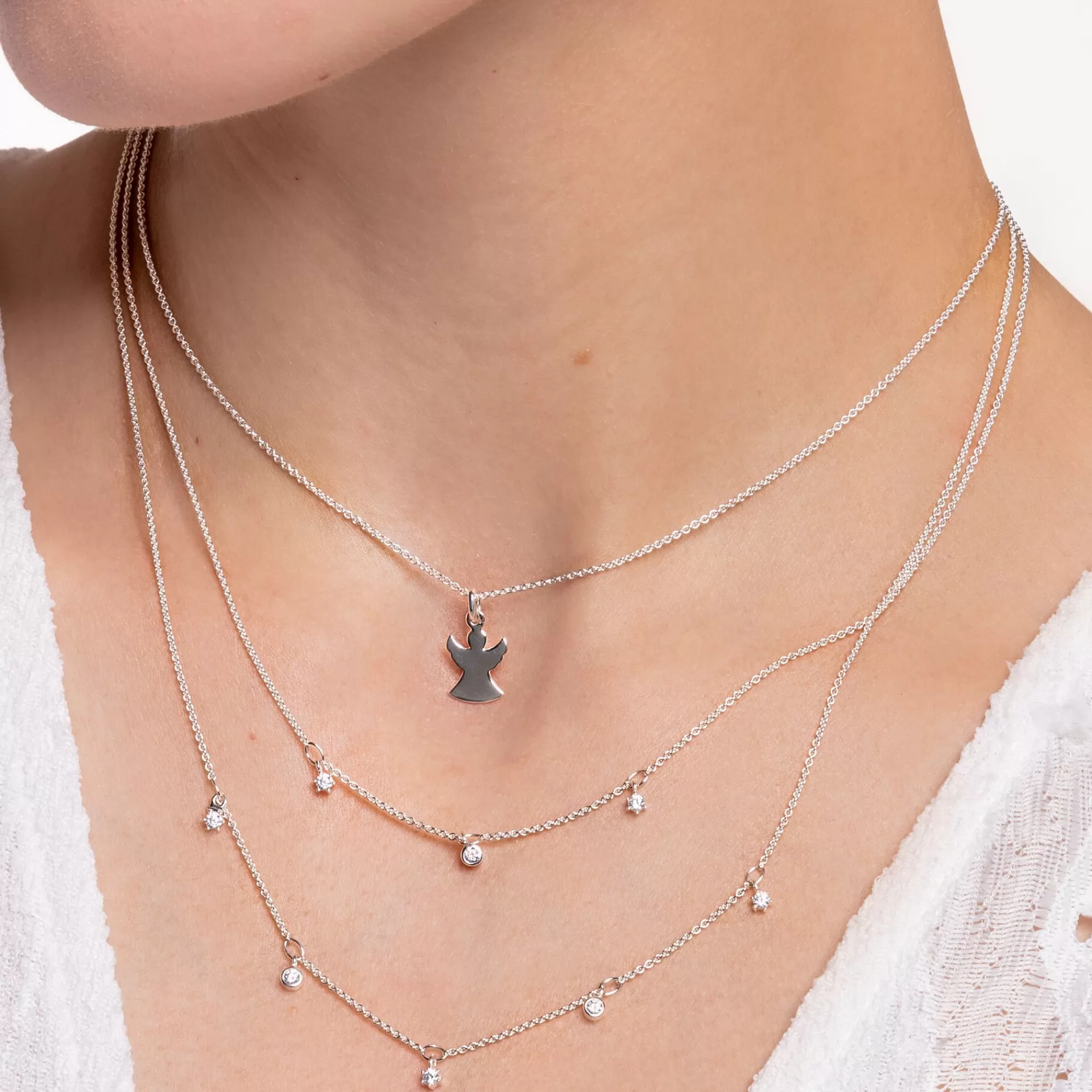 THOMAS SABO Halsband | Återvunnet 925 silver<HALSBAND DUBBELT SILVER MED VITA STENAR silverfargad, vit