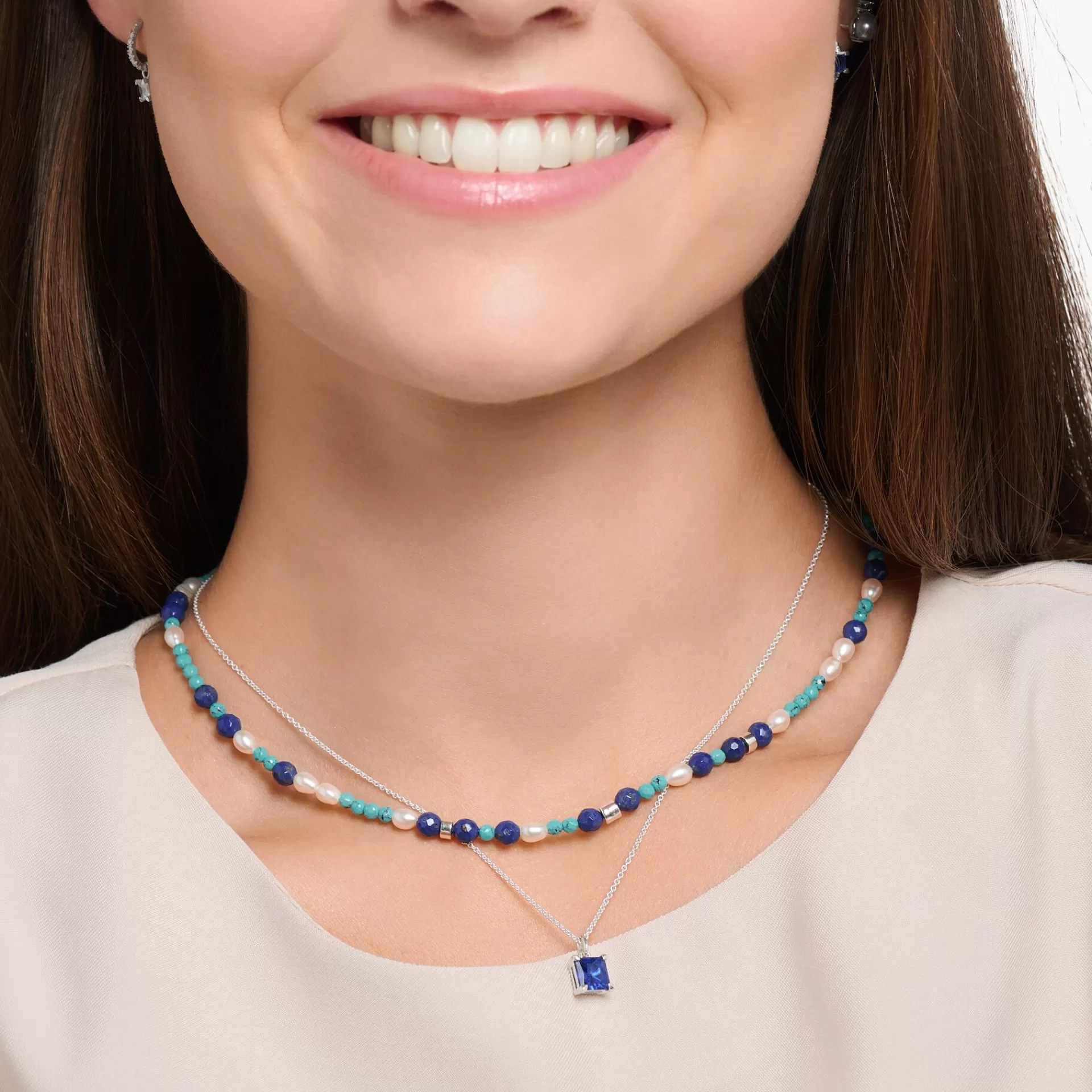 THOMAS SABO Halsband | Återvunnet 925 silver<HALSBAND MED BL&ARING; STENAR OCH P&AUML;RLOR silverfargad, vit, turkos, mörkblå