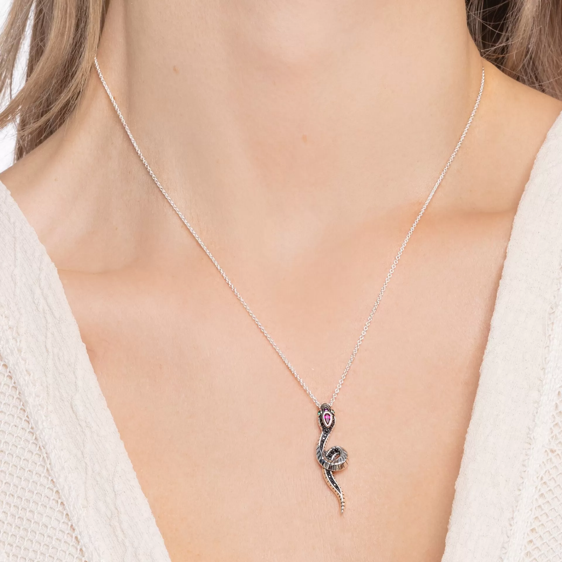 THOMAS SABO Halsband | Återvunnet 925 silver<HALSBAND ORM SILVER grön, röd, svart, silverfargad