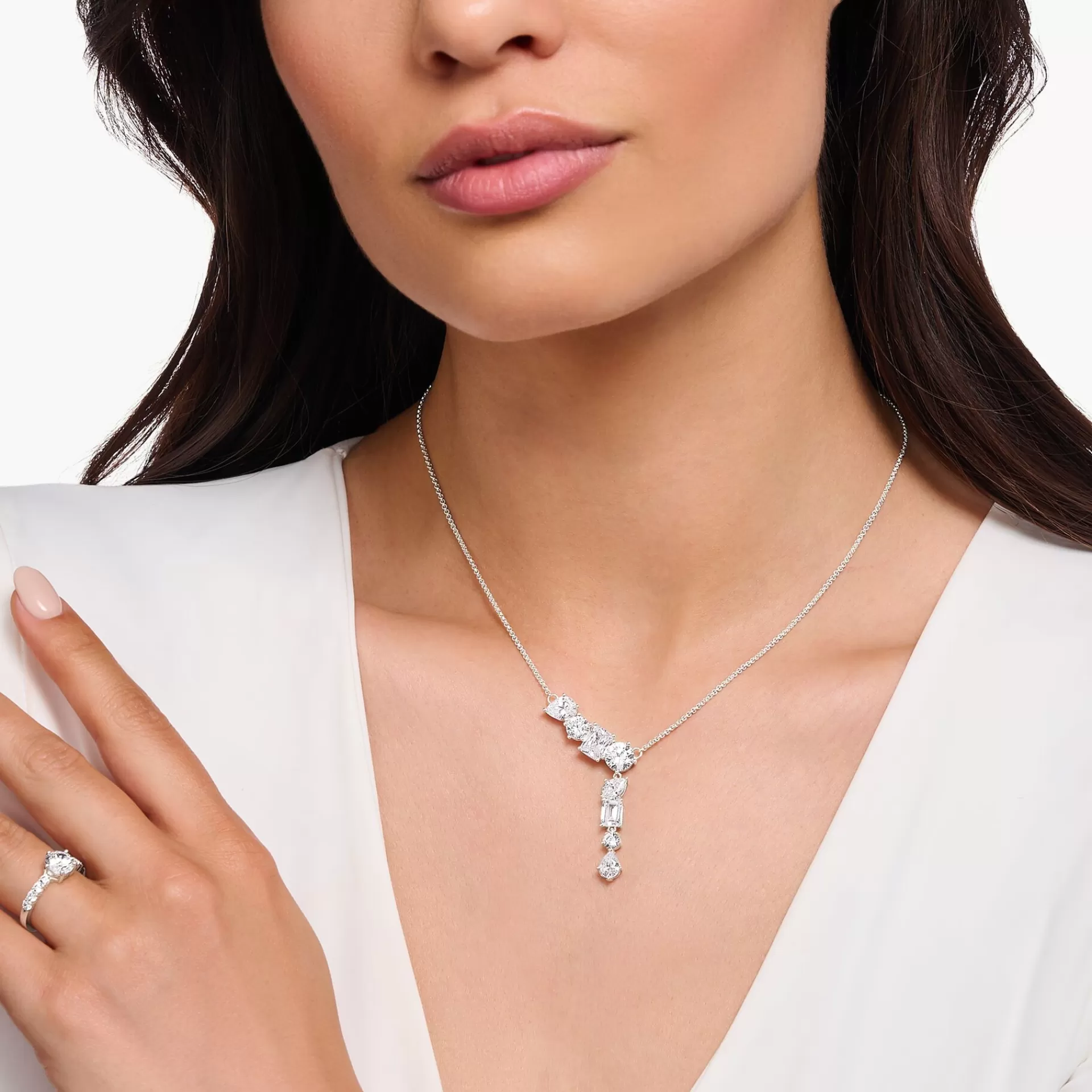 THOMAS SABO Halsband | Återvunnet 925 silver<HALSKEDJA I Y-DESIGN I SILVER MED &ARING;TTA VITA ZIRKONIASTENAR. silverfargad, vit