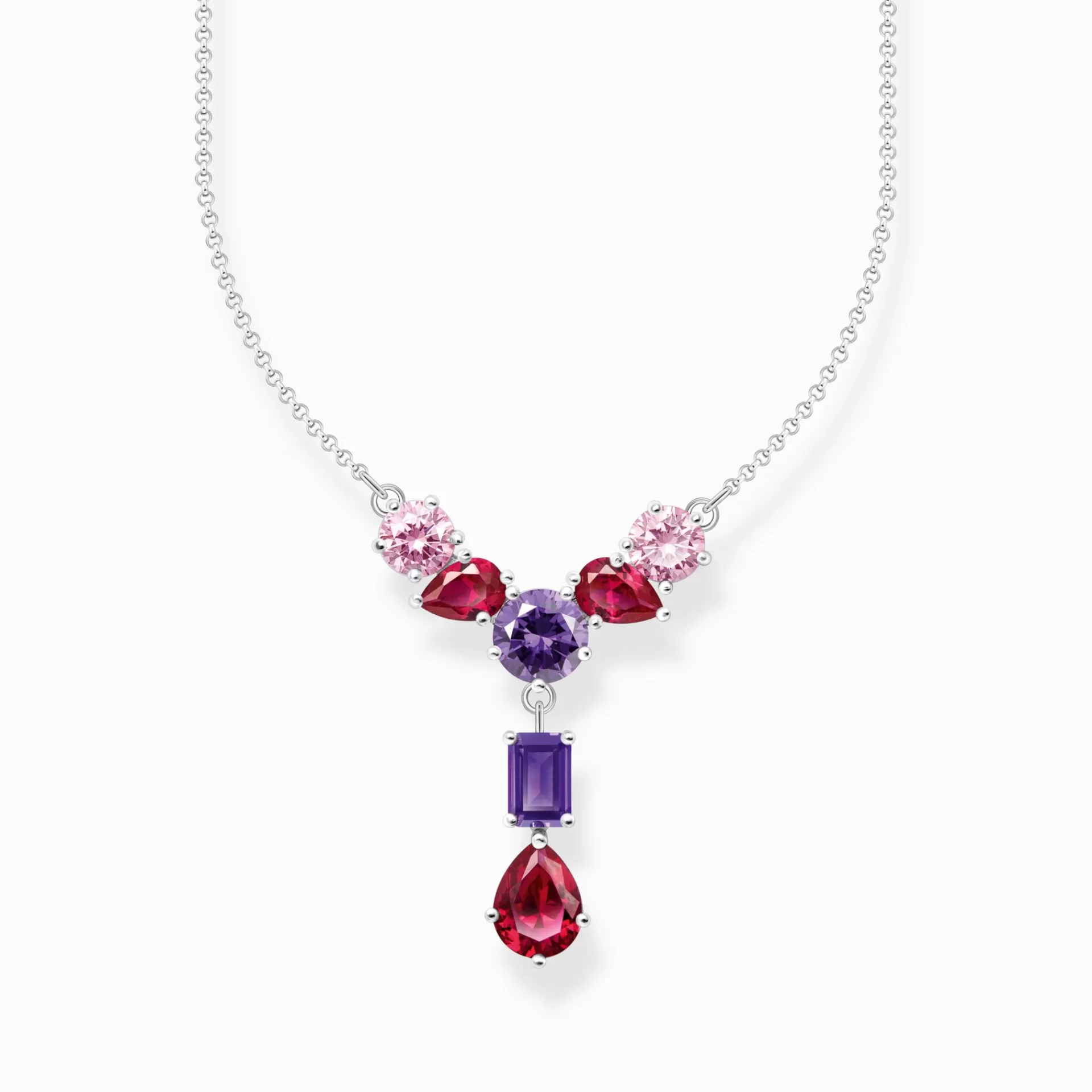 THOMAS SABO Halsband | Återvunnet 925 silver<HALSKEDJA I Y-DESIGN I SILVER MED SJU F&AUML;RGADE STENAR silverfargad, vit, violett, rosa, röd