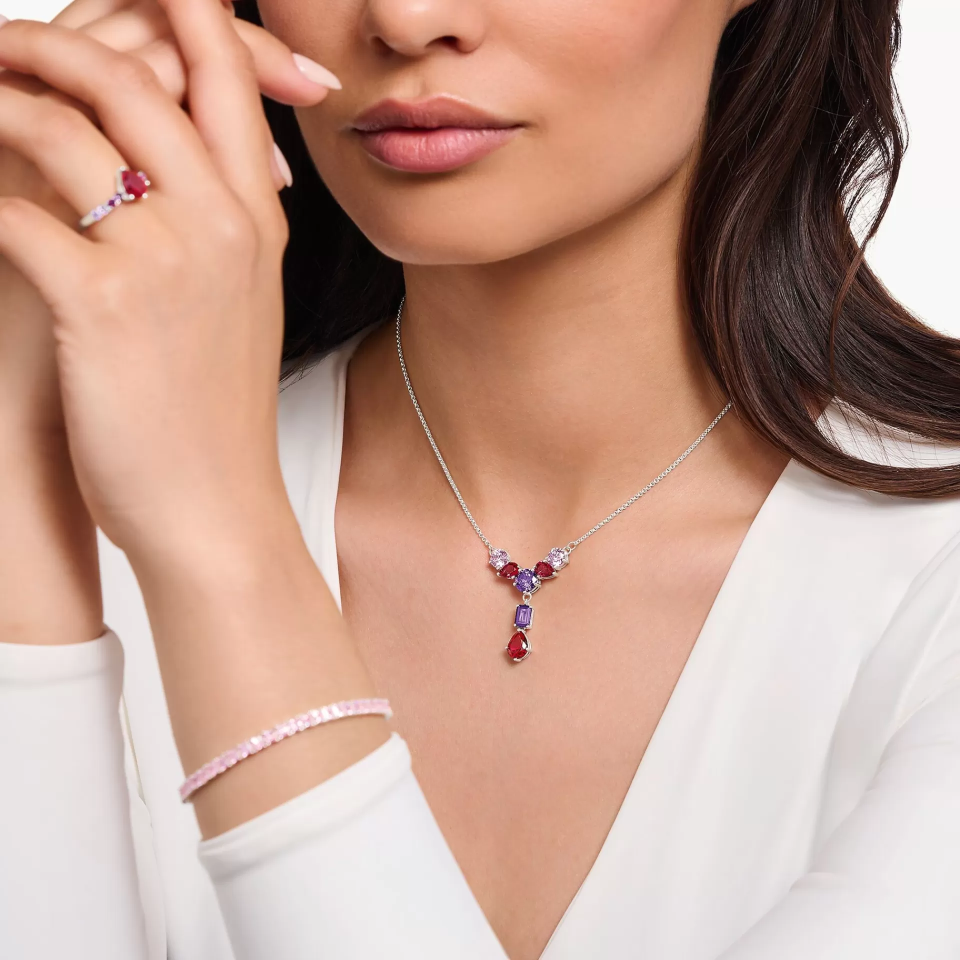 THOMAS SABO Halsband | Återvunnet 925 silver<HALSKEDJA I Y-DESIGN I SILVER MED SJU F&AUML;RGADE STENAR silverfargad, vit, violett, rosa, röd