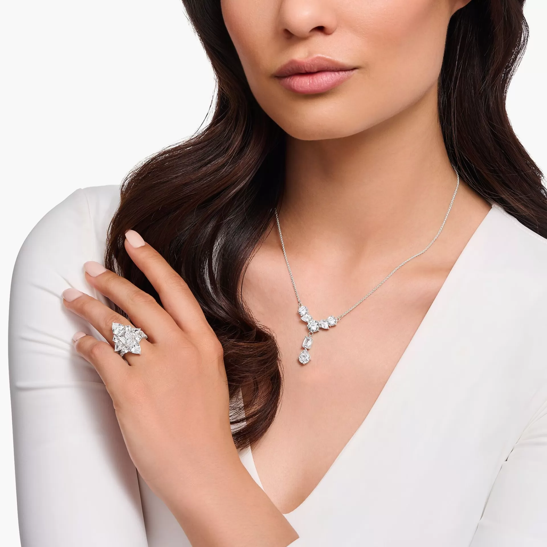 THOMAS SABO Halsband | Återvunnet 925 silver<HALSKEDJA I Y-DESIGN I SILVER MED SJU VITA ZIRKONIASTENAR silverfargad, vit