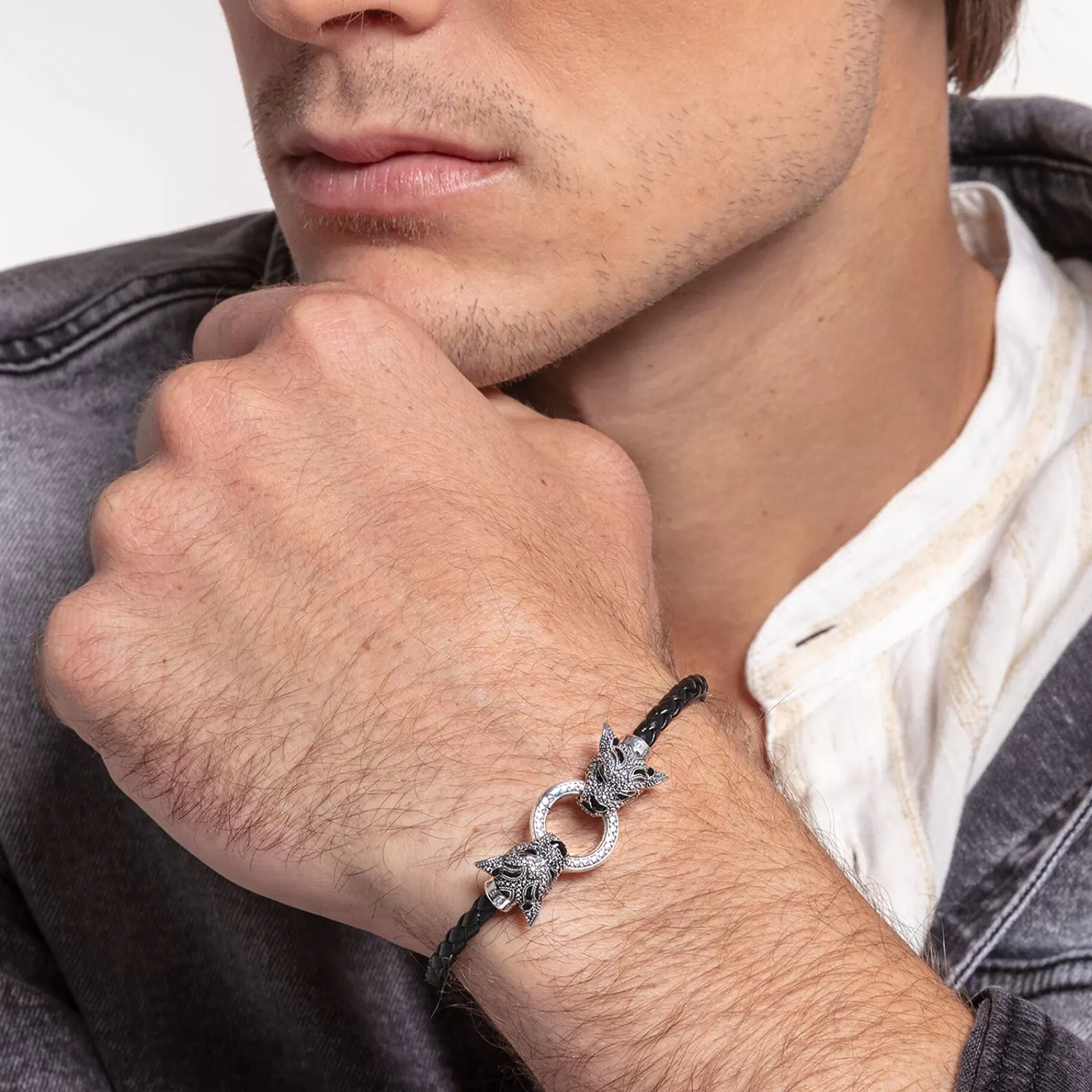 THOMAS SABO Armband | Återvunnet 925 silver<L&AUML;DERARMBAND BLACK CAT svart, silverfargad