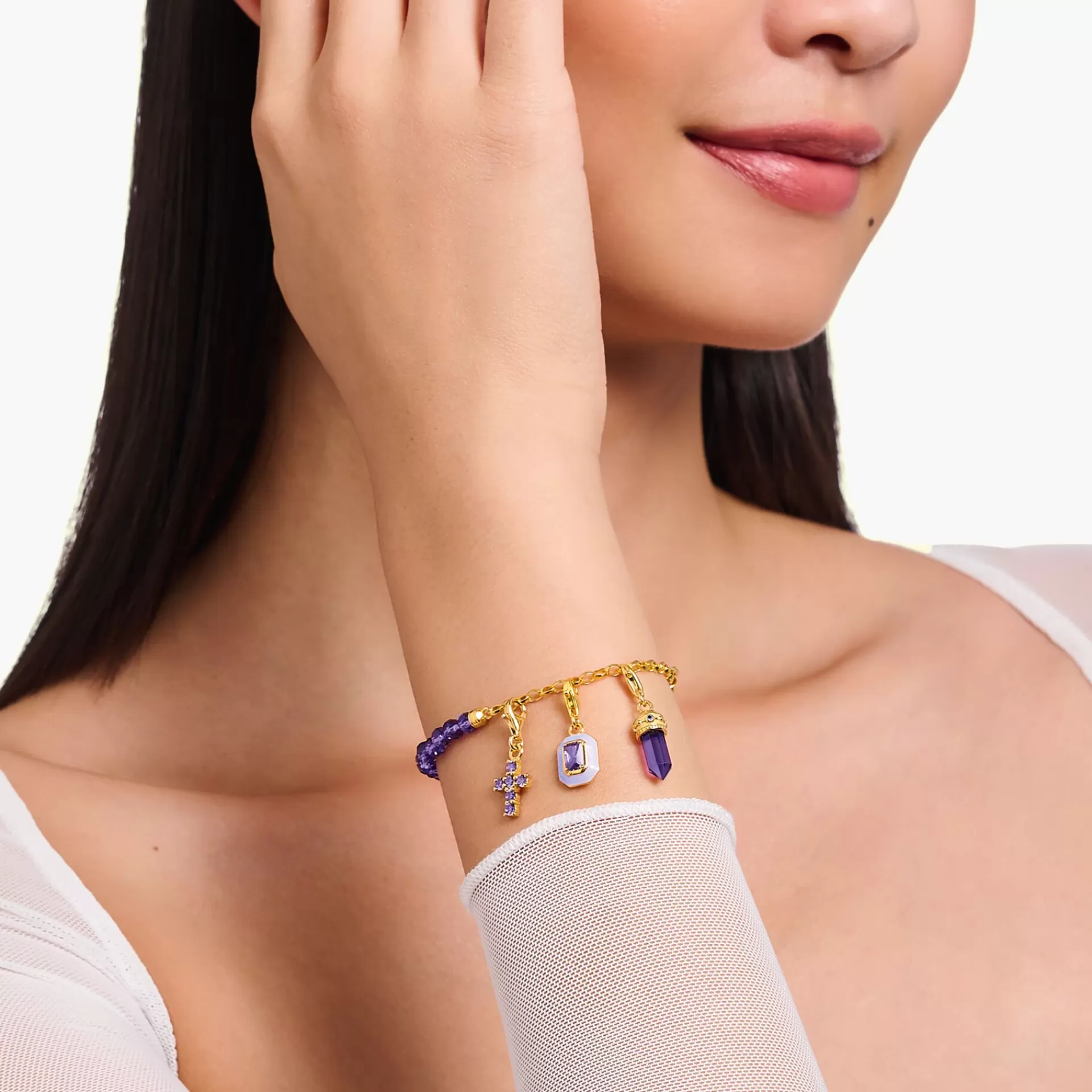 THOMAS SABO Charm Armband | Charm Armband<LEDAMOT CHARM-ARMBAND MED L&AUML;NKAR OCH IMITERAD AMETIST PL&AUML;TERAT gult guldfargad, violett