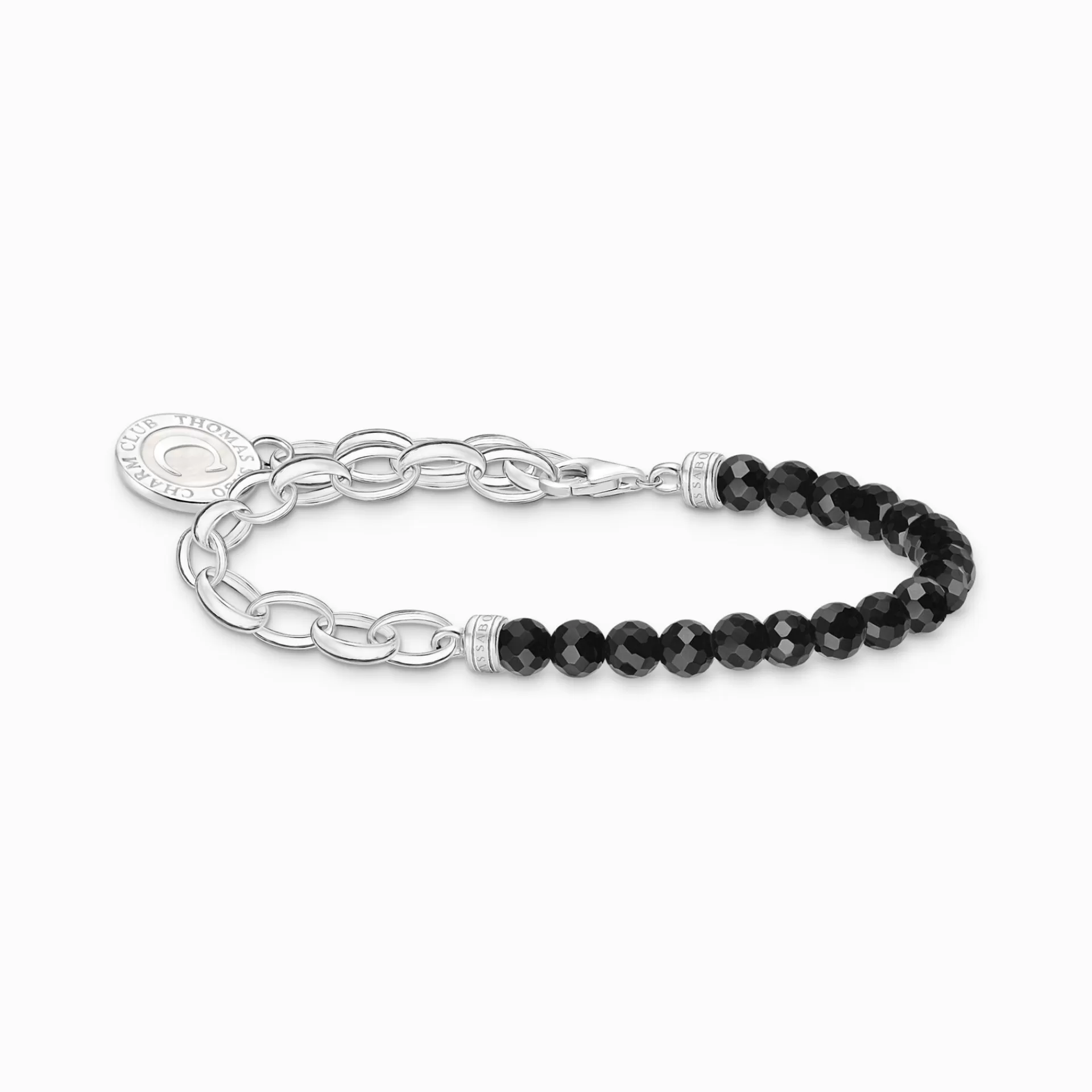THOMAS SABO Charm Armband | Charm Armband<LEDAMOT CHARM-ARMBAND MED SVART OBSIDIAN BEADS OCH CHARMISTA BRICKA SILVER silverfargad, svart, vit