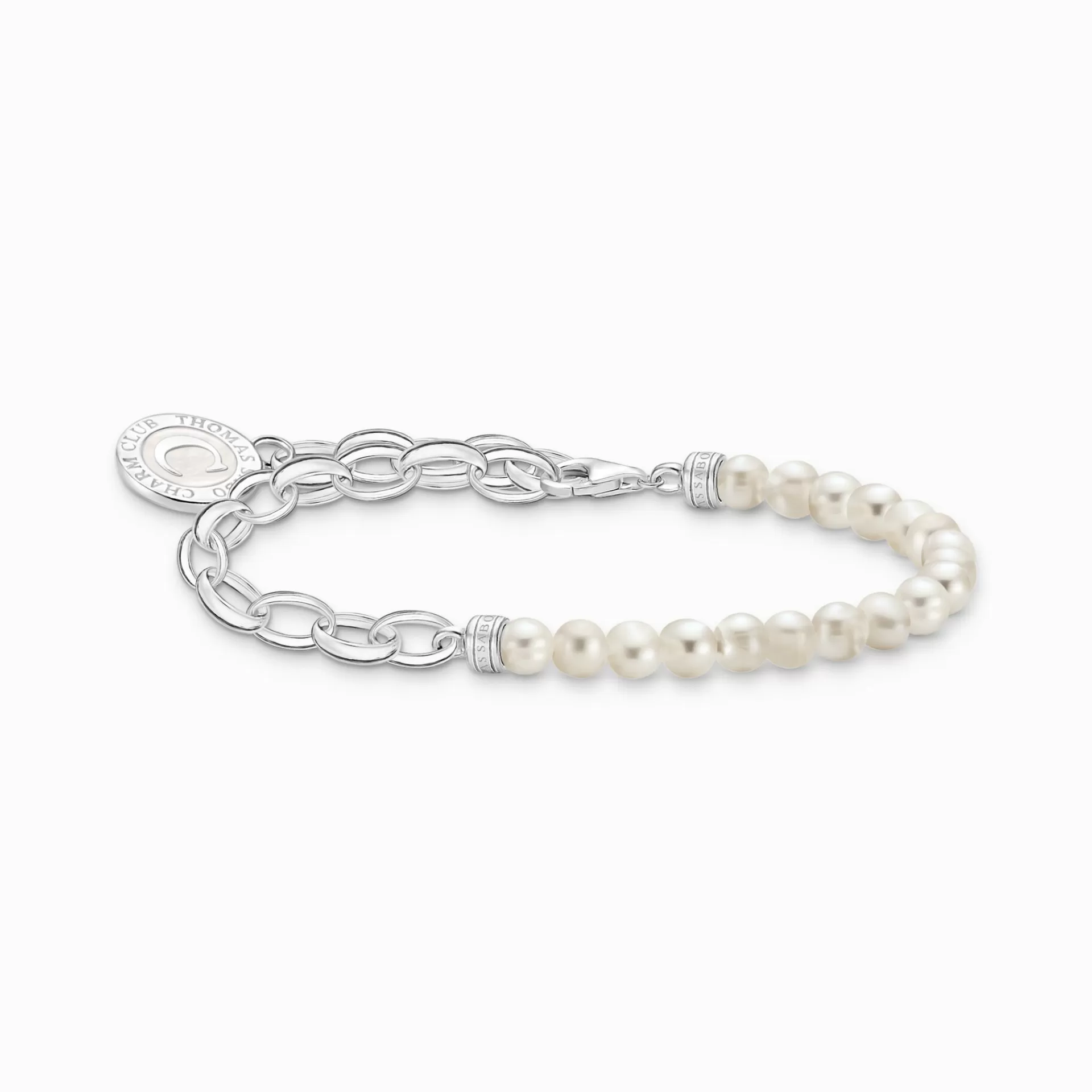 THOMAS SABO Charm Armband | Charm Armband<LEDAMOT CHARM-ARMBAND MED VIT P&AUML;RLOR OCH CHARMISTA BRICKA SILVER silverfargad, vit