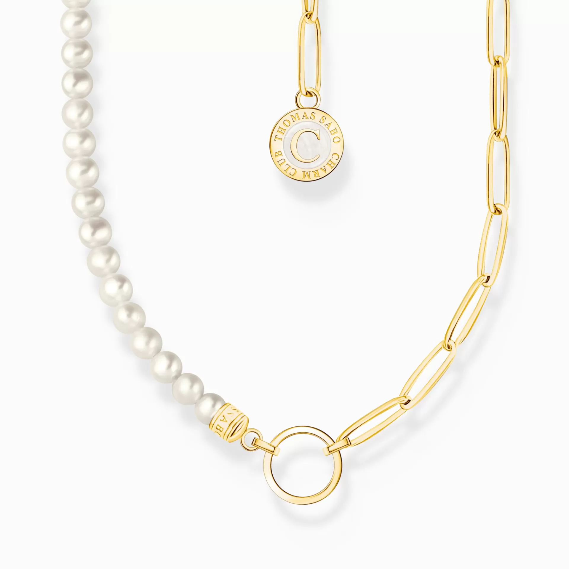 THOMAS SABO Charm Halskedjor | Charm Halskedjor<LEDAMOT CHARM-HALSBAND MED VIT P&AUML;RLOR OCH CHARMISTA BRICKA GULDPL&AUML;TERAD gult guldfargad, silverfargad, vit