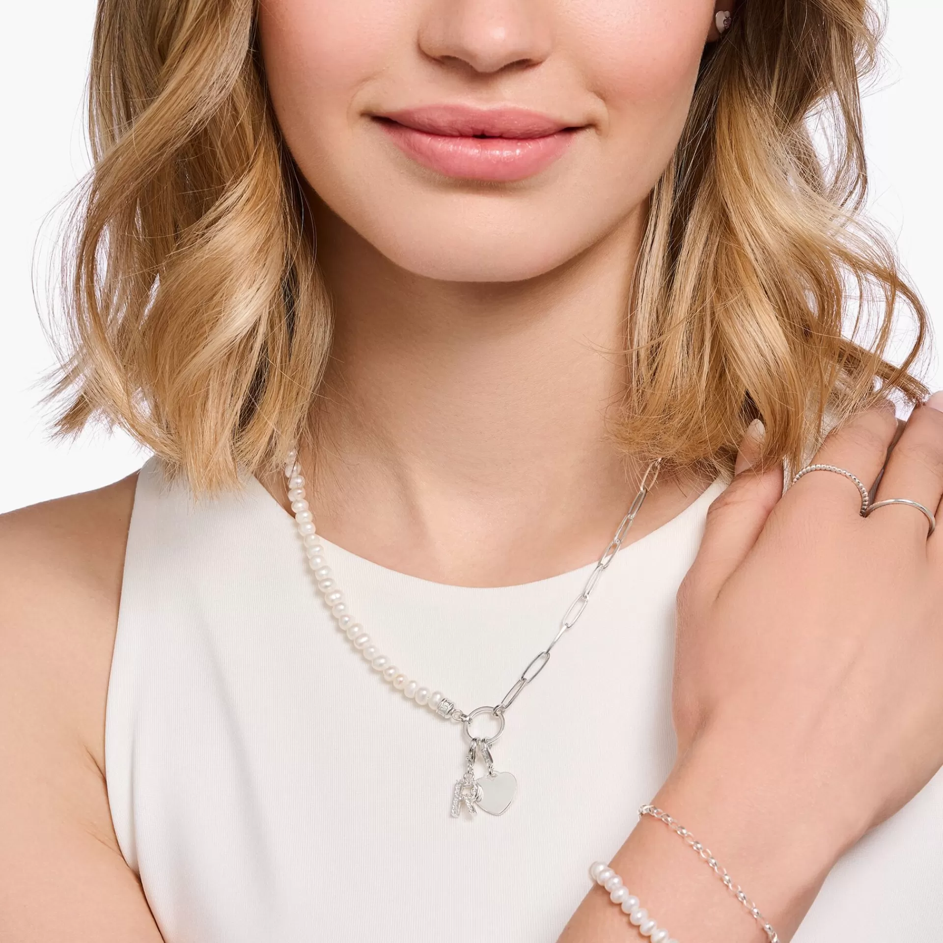 THOMAS SABO Charm Halskedjor | Charm Halskedjor<LEDAMOT CHARM-HALSBAND MED VIT P&AUML;RLOR OCH CHARMISTA COIN SILVER silverfargad, vit