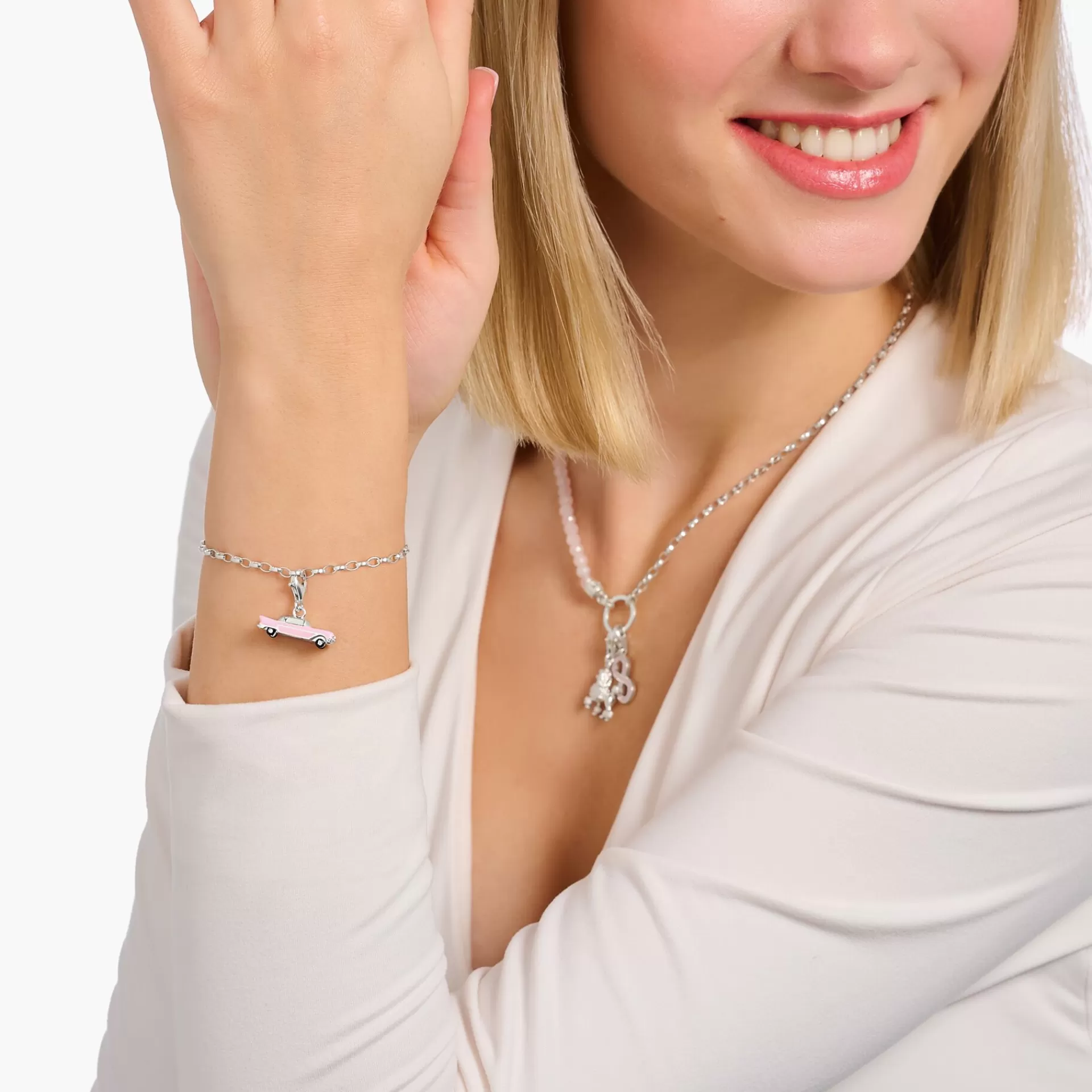 THOMAS SABO Charms | Charms<LEDAMOT CHARM-H&AUML;NGSMYCKE ROSA VINTAGEBIL, SILVER silverfargad, rosa, svart, grå