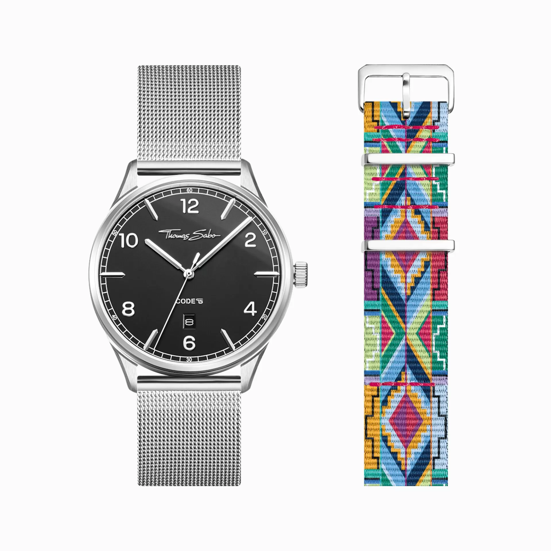 THOMAS SABO Klockor | Klockor för damer<SET CODE TS SVART KLOCKA  FLERF&AUML;RGAT ARMBAND MED GRAFISKT M&OUML;NSTER silverfargad, blå, grön, rosa, röd, svart, mattsvart