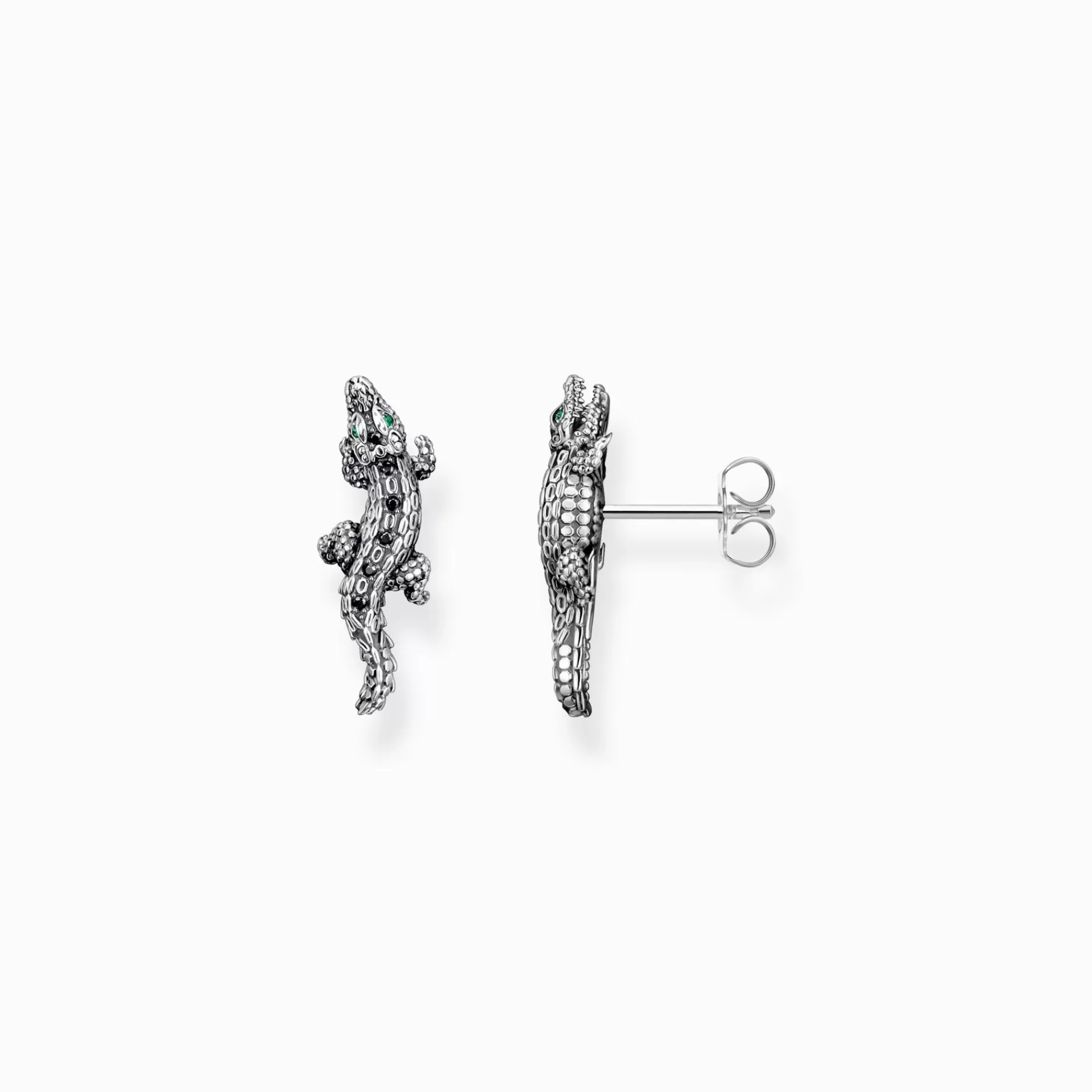 THOMAS SABO Stiftörhängen | Återvunnet 925 silver<STIFT&OUML;RH&AUML;NGEN - KROKODIL MED SVARTA OCH GR&OUML;NA STENAR - SV&AUML;RTAT SILVER silverfargad, grön, svart