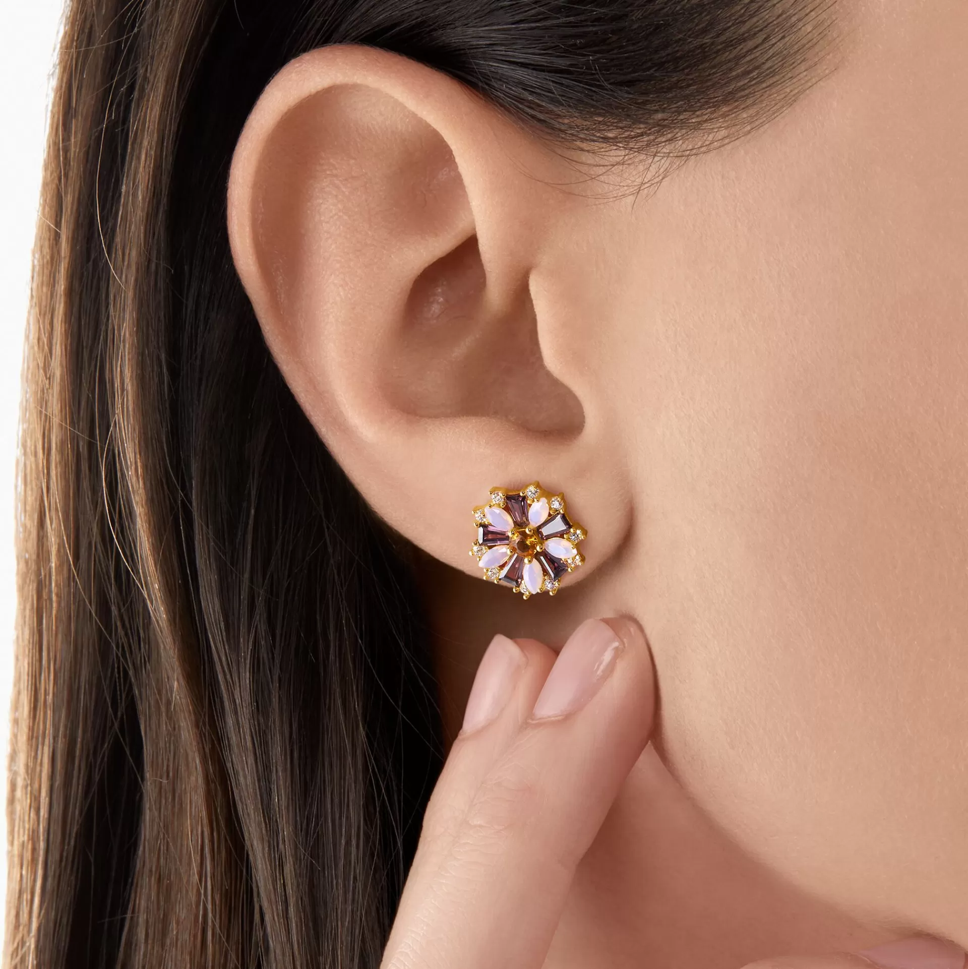 THOMAS SABO Stiftörhängen | Upp till SEK 3.000<STIFT&OUML;RH&AUML;NGEN BLOMMA STENAR I F&AUML;RG GULD gult guldfargad, orange, rosa, violett, vit