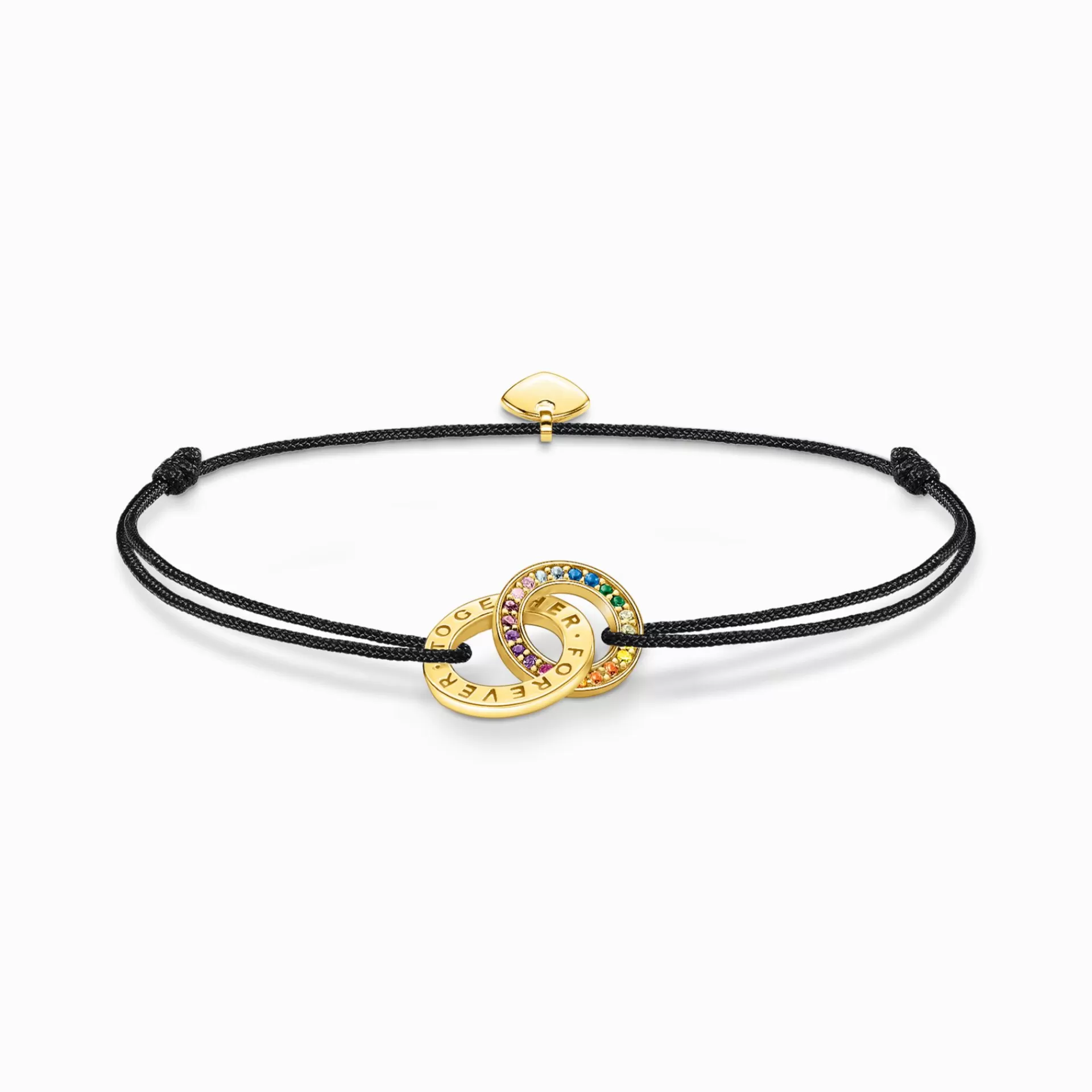 THOMAS SABO Armband | 18K plätering<SVART TEXTILARMBAND MED TV&ARING; F&OUML;RGYLLDA RINGAR MED F&AUML;RGGLADA STENAR gult guldfargad, ljusblå, grön, blå, violett, röd, rosa, guld, orange, brun