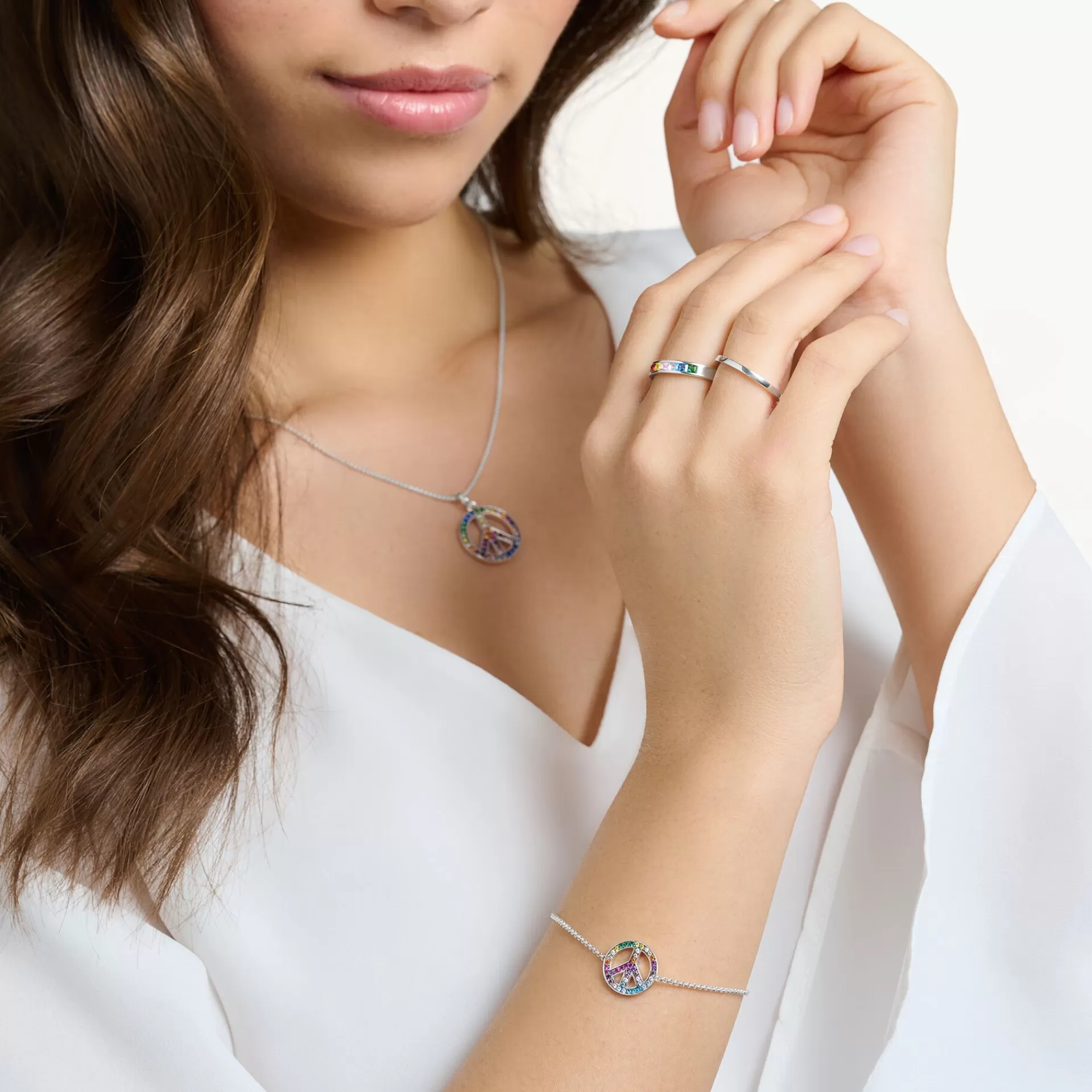 THOMAS SABO Armband | Återvunnet 925 silver<SV&AUML;RTAT SILVERARMBAND MED FREDSTECKEN OCH F&AUML;RGGLADA STENAR silverfargad, grön, blå, ljusblå, violett, rosa, guld, orange, brun, röd, ljusgrön