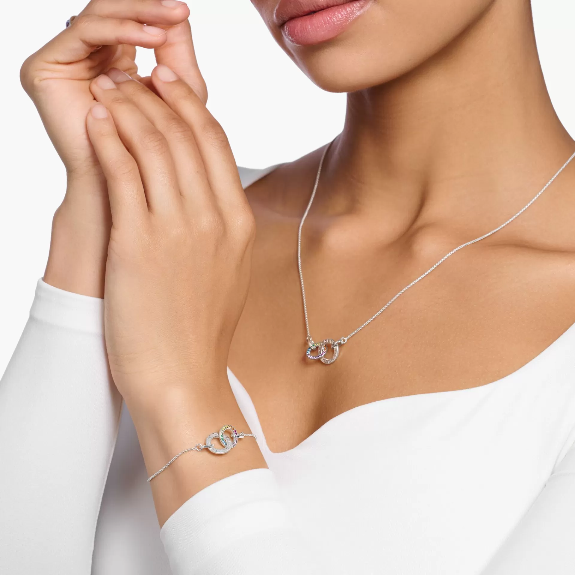 THOMAS SABO Armband | Återvunnet 925 silver<SV&AUML;RTAT SILVERARMBAND TOGETHER MED TV&ARING; RINGAR MED F&AUML;RGGLADA STENAR silverfargad, grön, blå, ljusblå, röd, rosa, guld, orange, brun, violett, ljusgrön