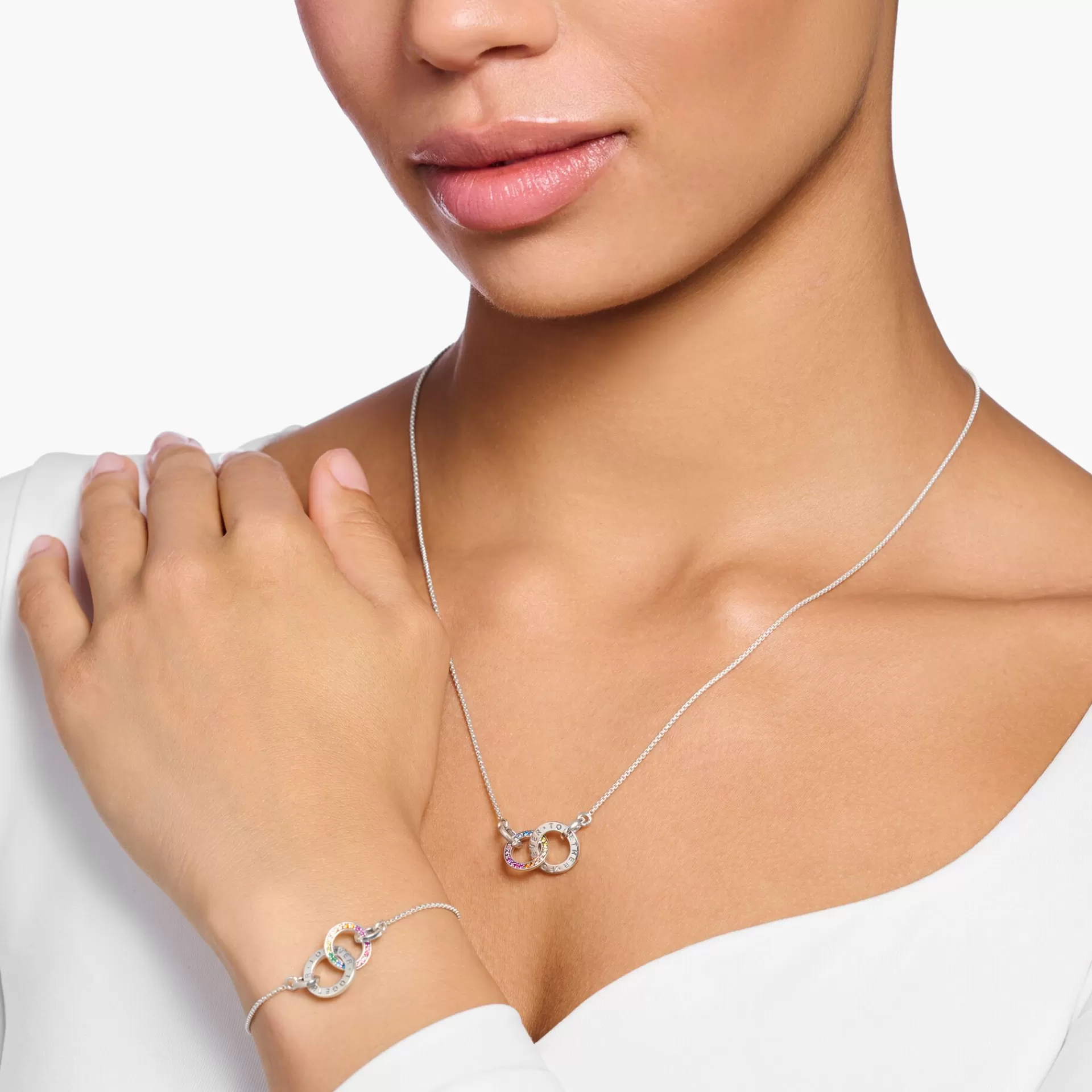 THOMAS SABO Halsband | Återvunnet 925 silver<SV&AUML;RTAT SILVERHALSBAND TOGETHER MED TV&ARING; RINGAR MED F&AUML;RGGLADA STENAR silverfargad, grön, blå, ljusblå, röd, rosa, guld, orange, brun, violett, ljusgrön