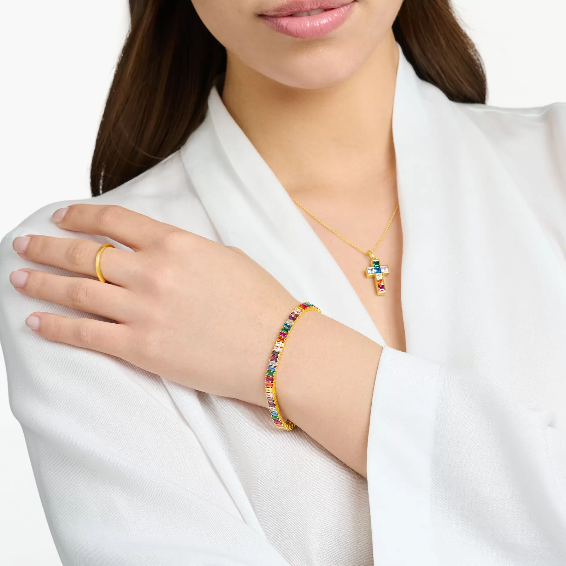 THOMAS SABO Armband | Gåvor till henne<TENNISARMBAND MED F&AUML;RGGLAD STENAR GULDPL&AUML;TERAD gult guldfargad, grön, ljusblå, violett, rosa, guld, orange, mörkblå